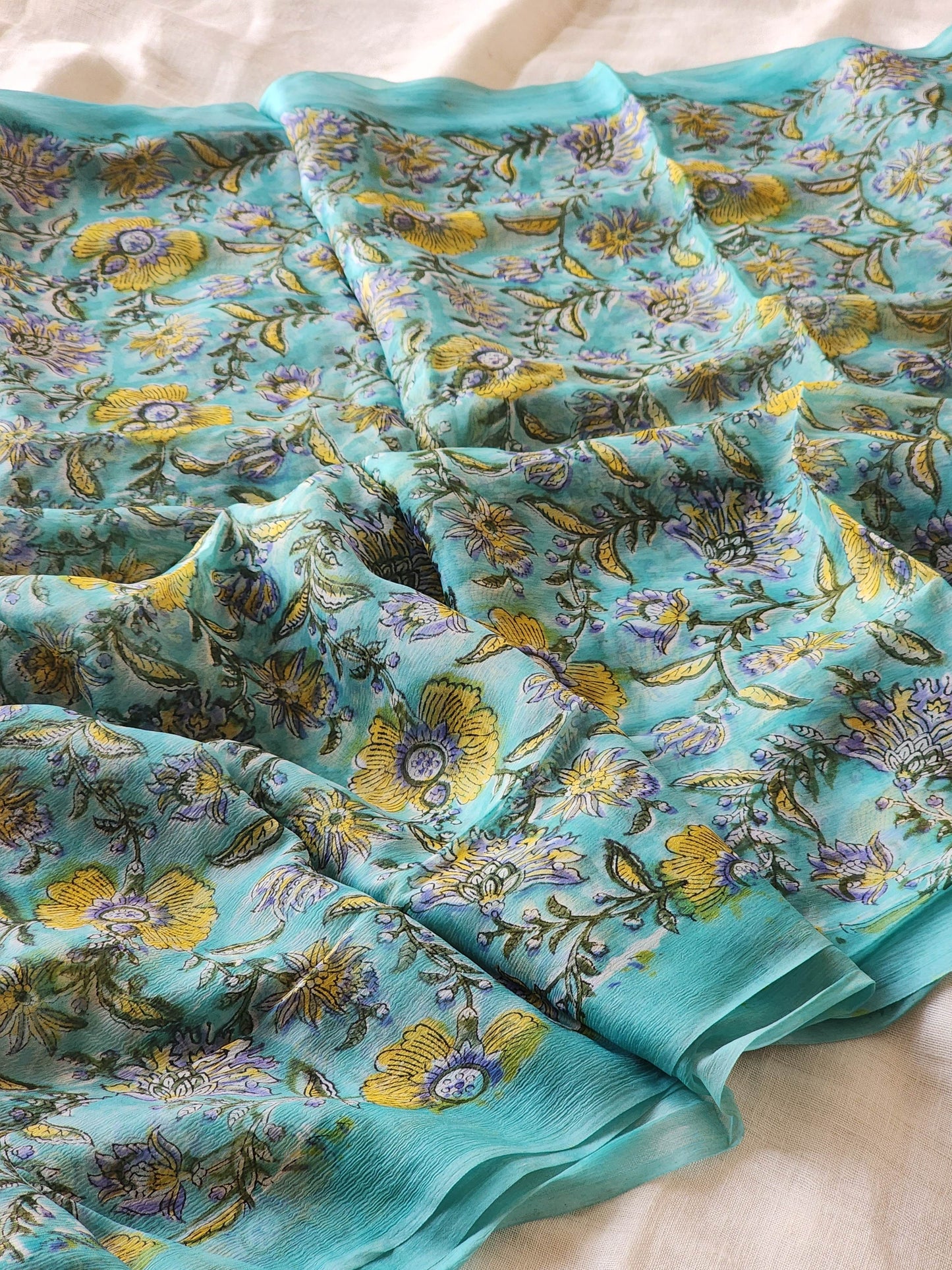 Sea Green Chiffon Handblock Saree