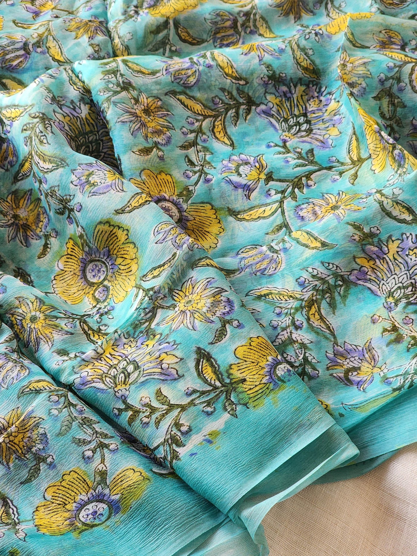 Sea Green Chiffon Handblock Saree