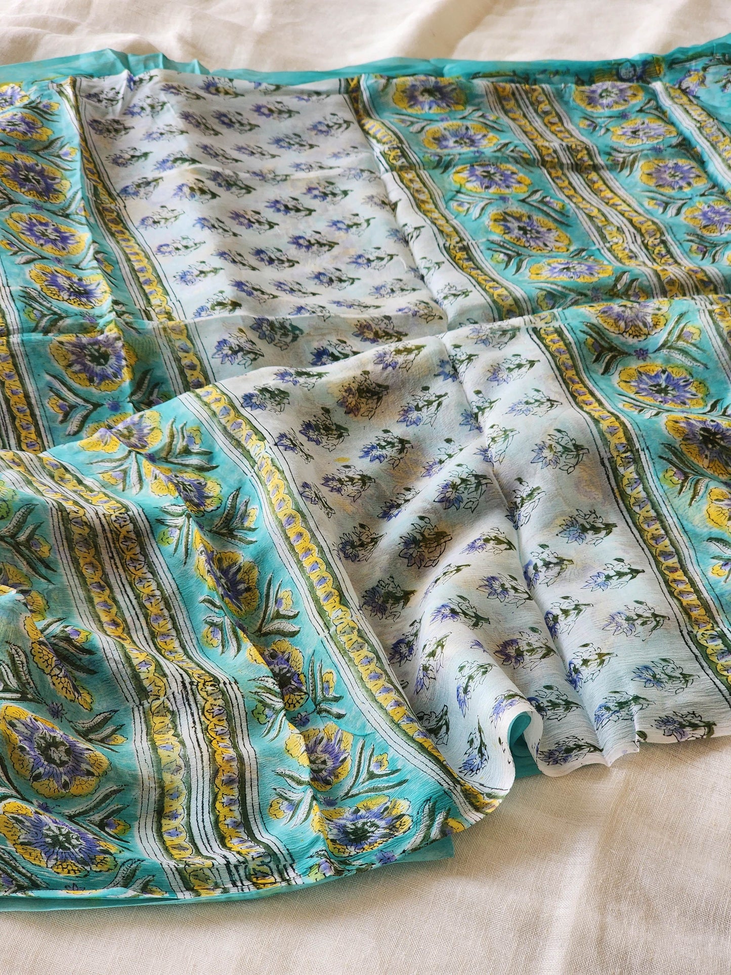 Sea Green Chiffon Handblock Saree