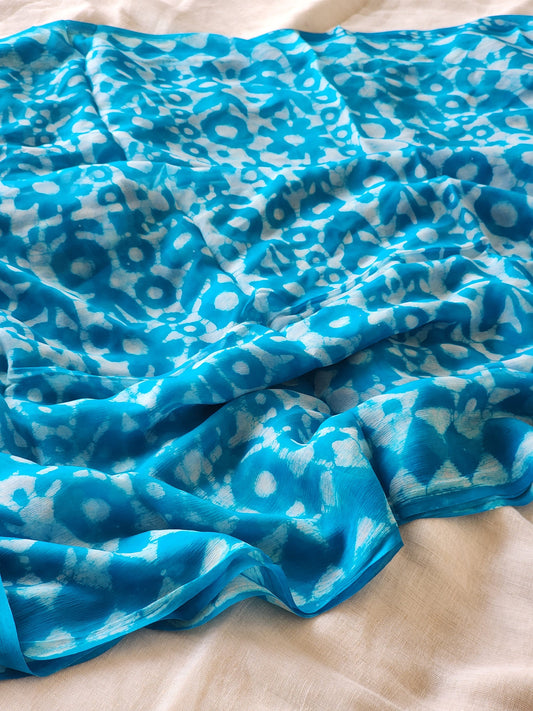 Blue Chiffon Handblock Saree