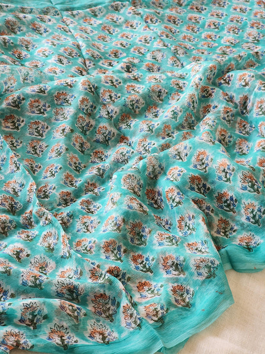 Blue Chiffon Handblock Saree