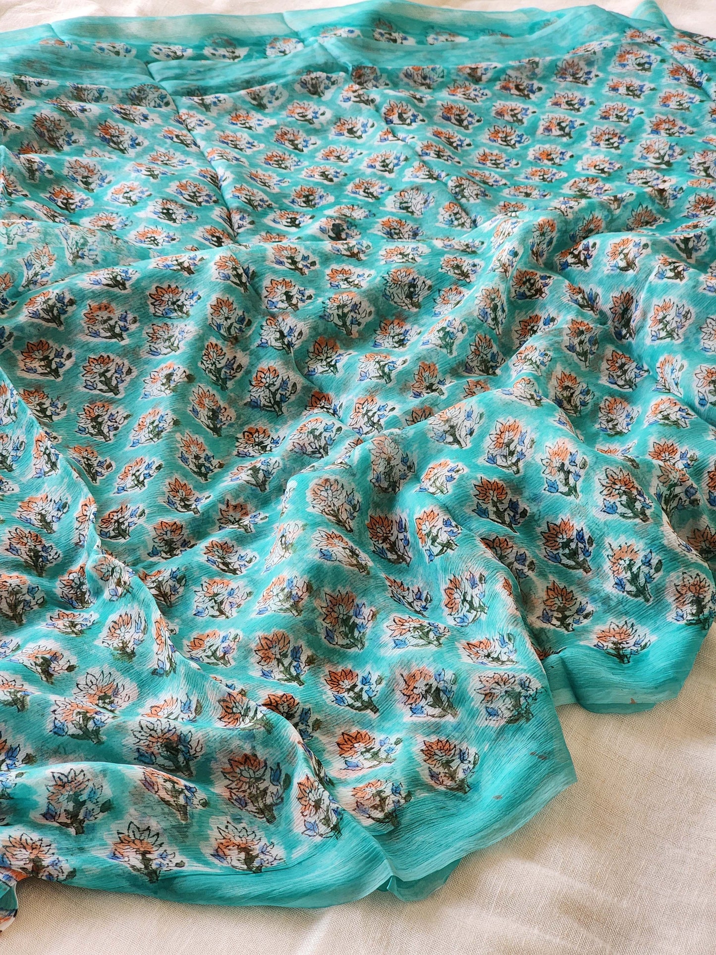 Sea Green Chiffon Handblock Saree