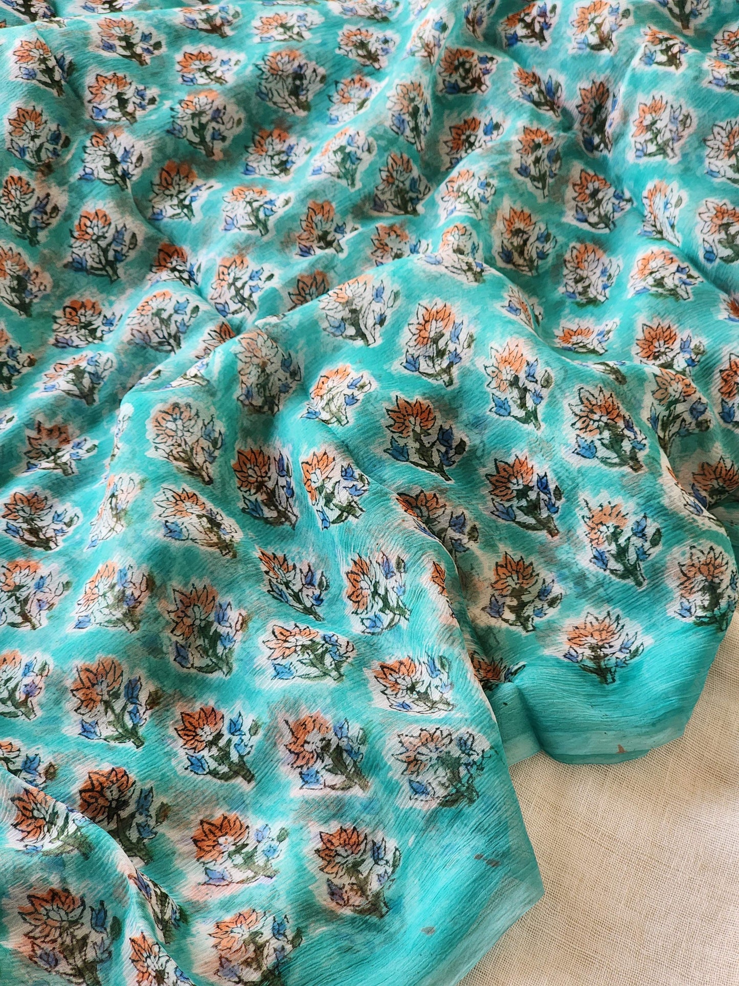 Sea Green Chiffon Handblock Saree