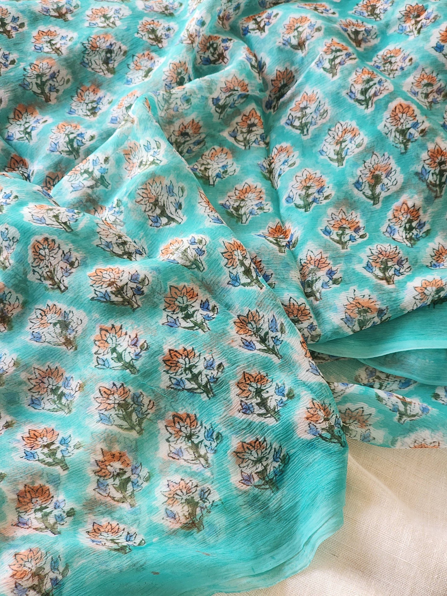 Sea Green Chiffon Handblock Saree