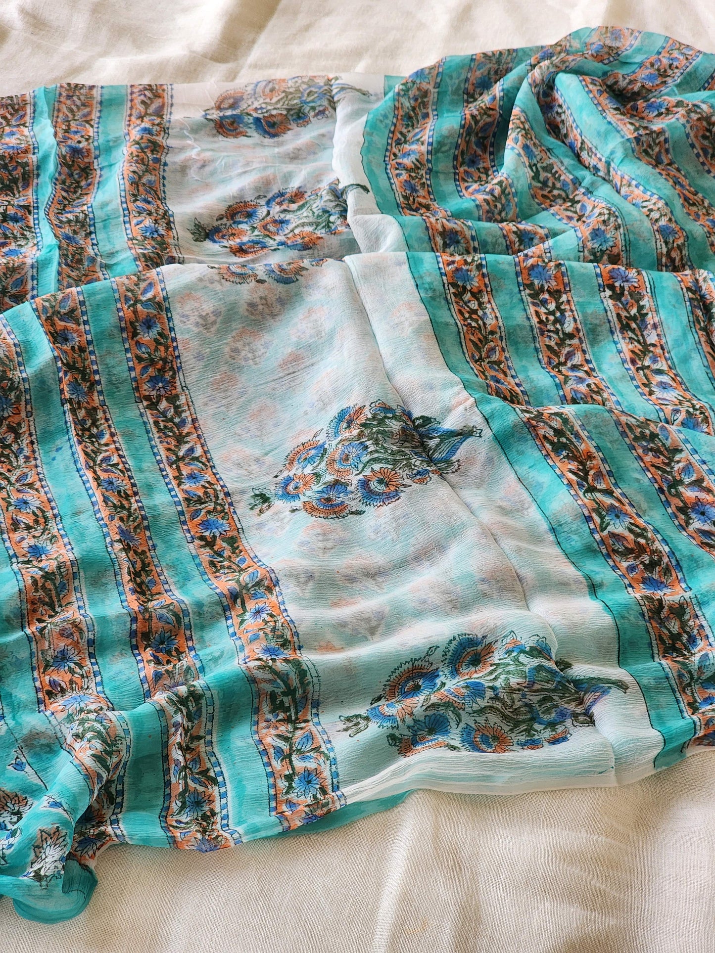 Sea Green Chiffon Handblock Saree