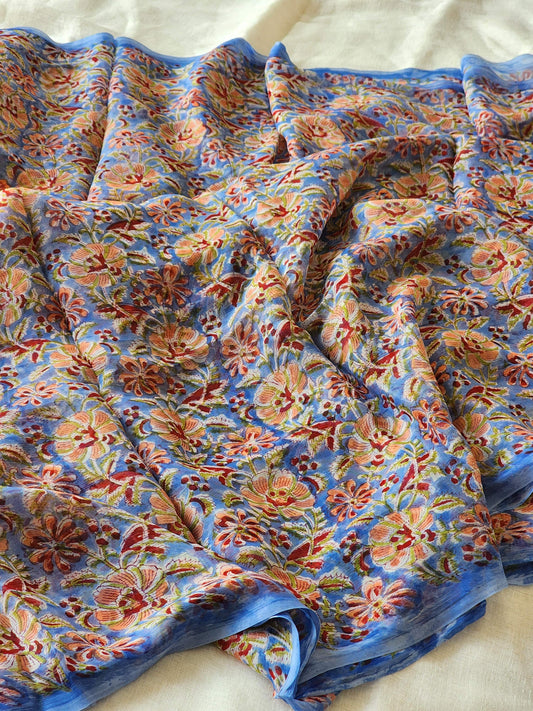 Blue Chiffon Handblock Saree