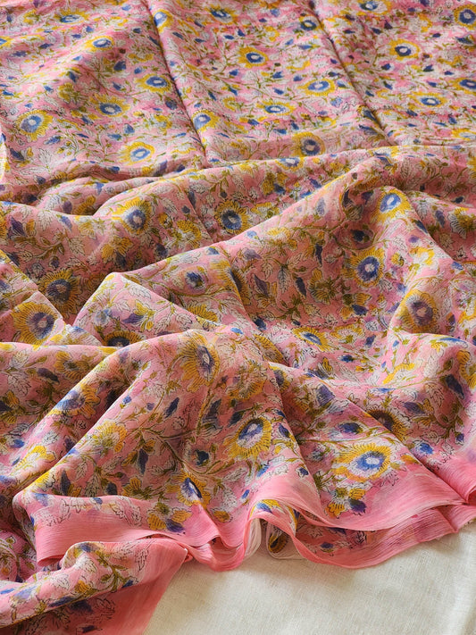 Pink Chiffon Handblock Saree