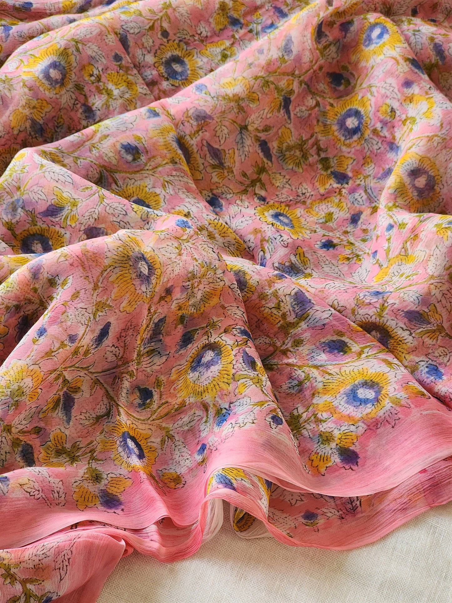 Pink Chiffon Handblock Saree