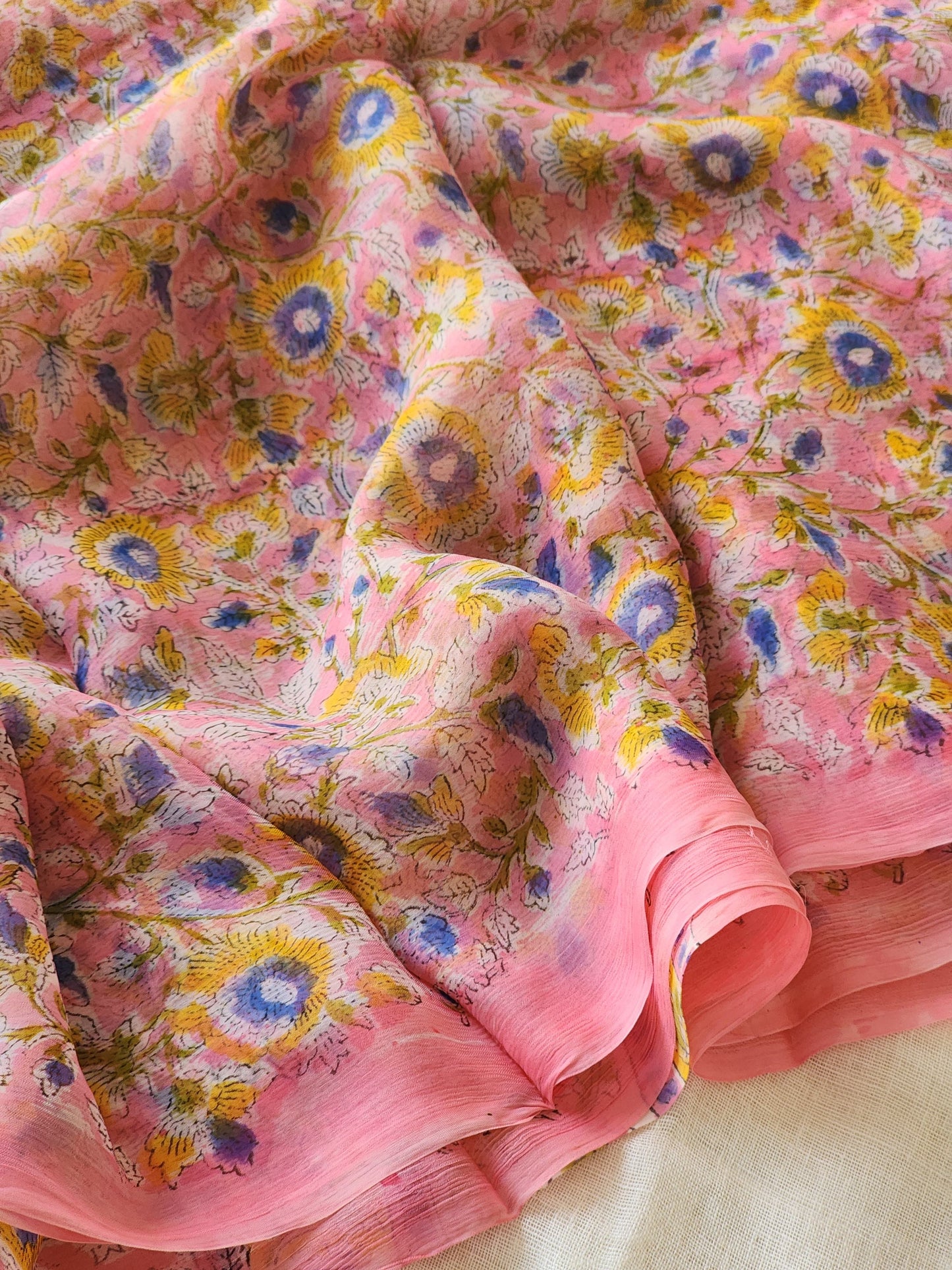 Pink Chiffon Handblock Saree
