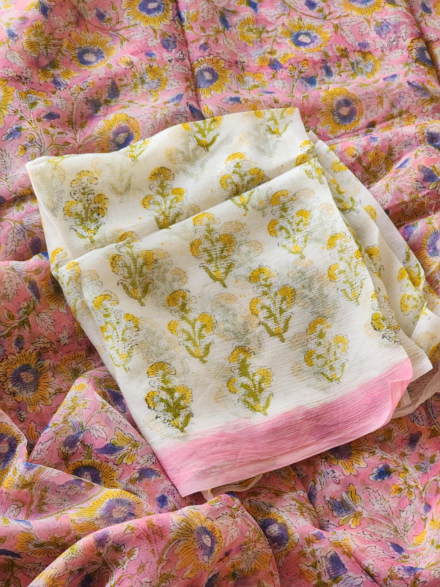 Pink Chiffon Handblock Saree