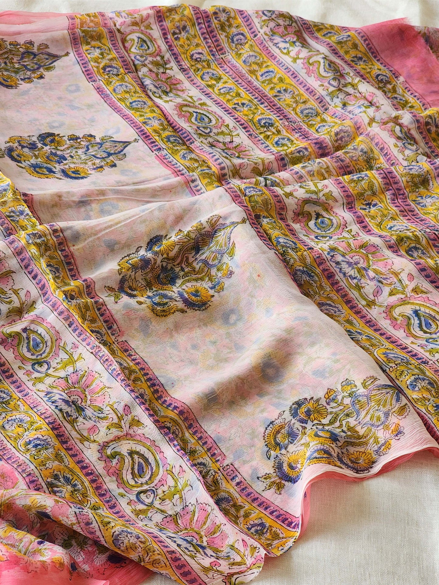 Pink Chiffon Handblock Saree