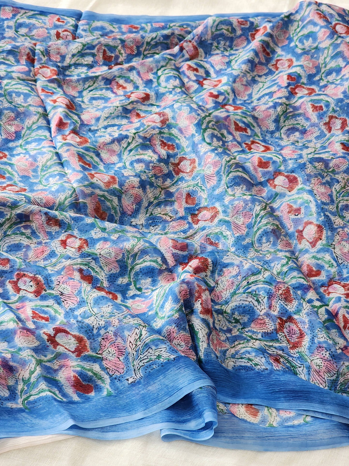 Blue Chiffon Handblock Saree