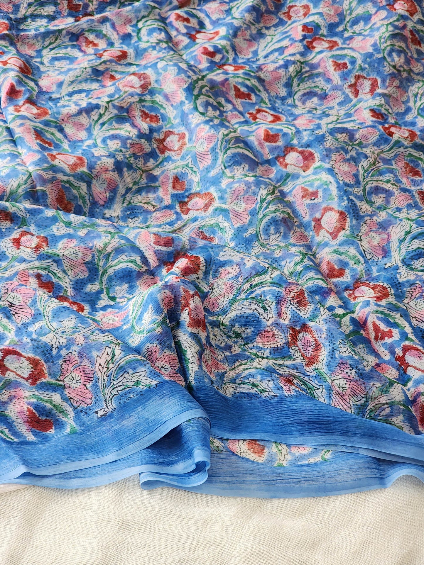 Blue Chiffon Handblock Saree