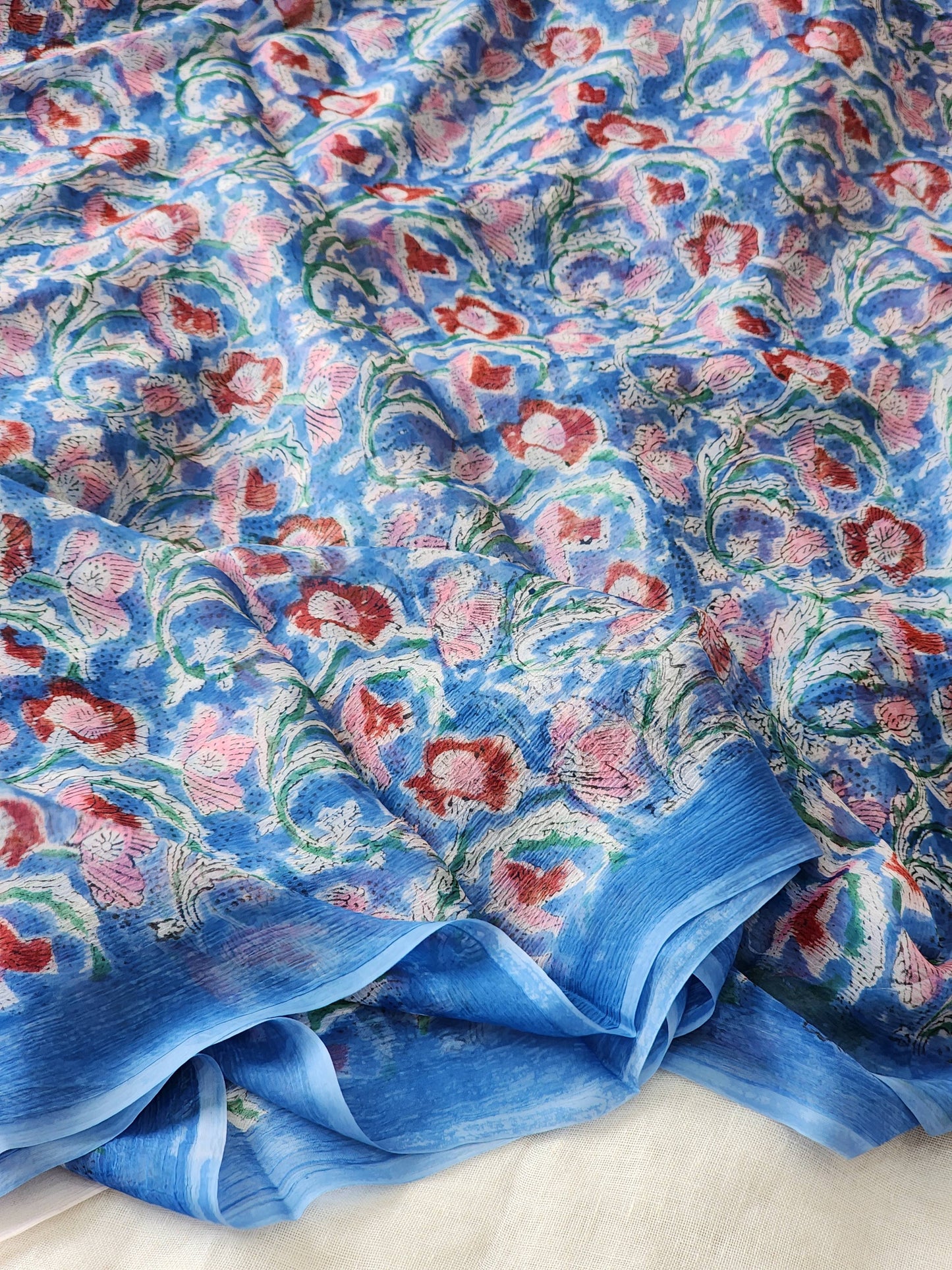Blue Chiffon Handblock Saree