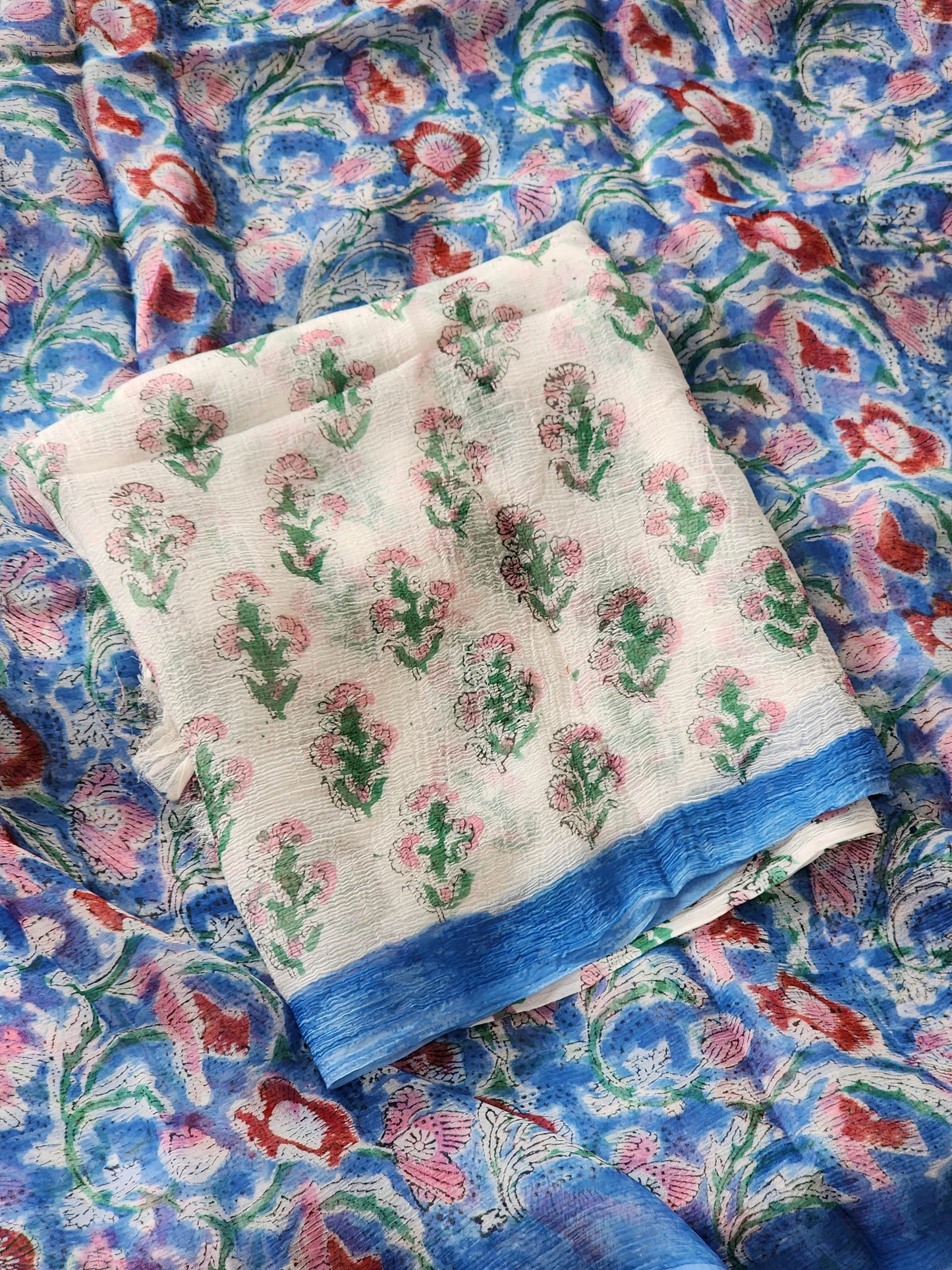 Blue Chiffon Handblock Saree