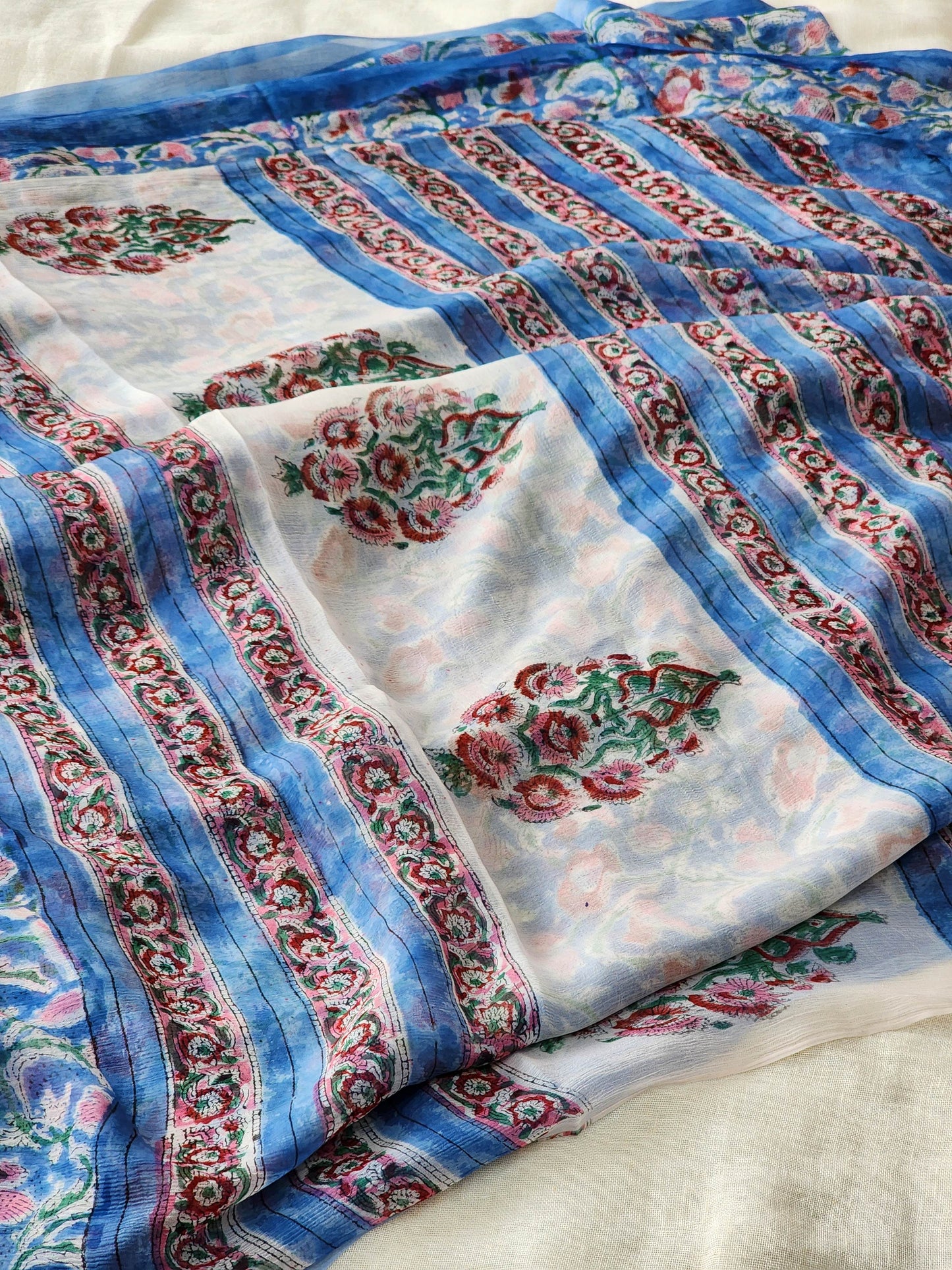 Blue Chiffon Handblock Saree