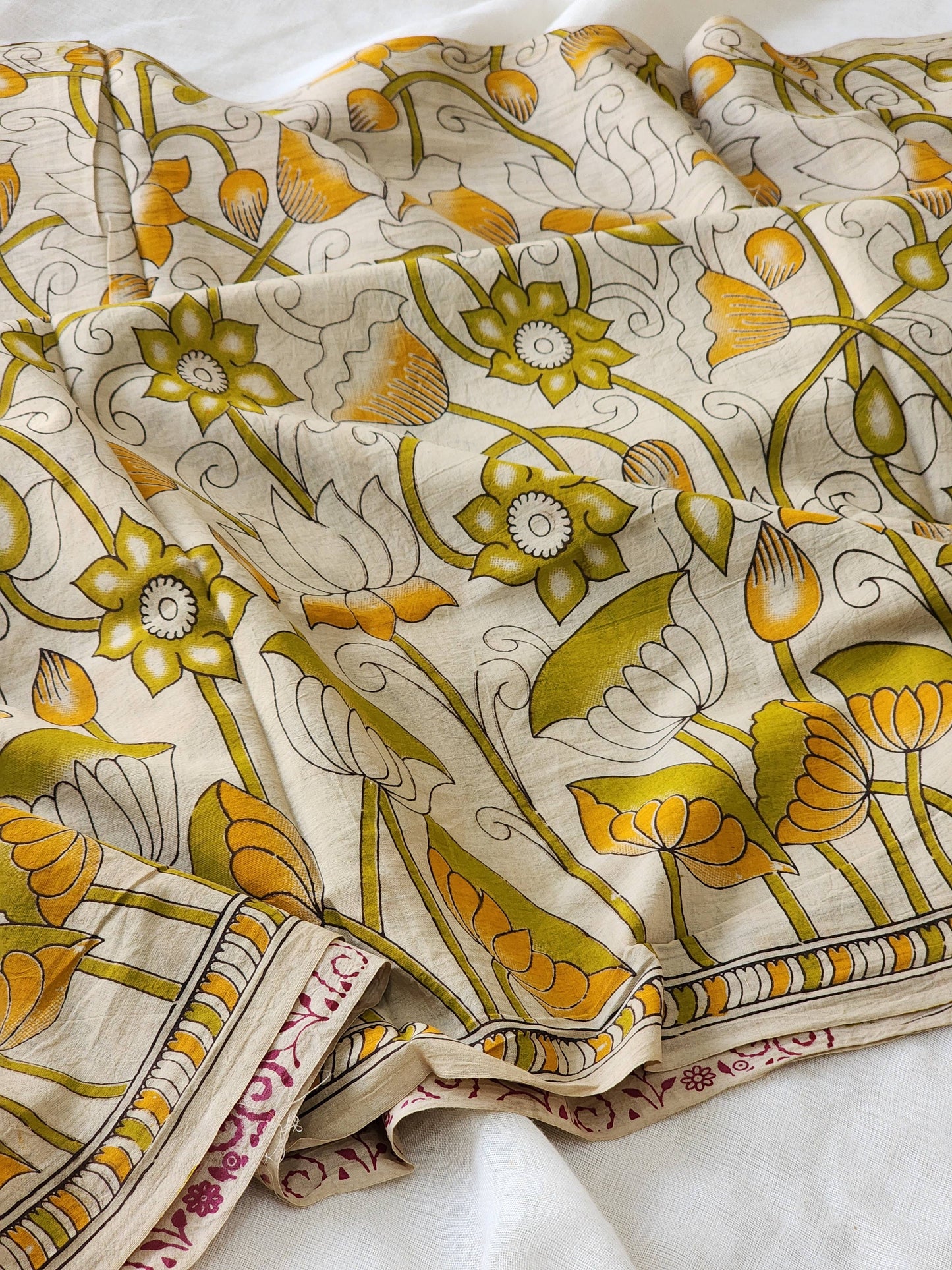 Beige Kalamkari Cotton Saree