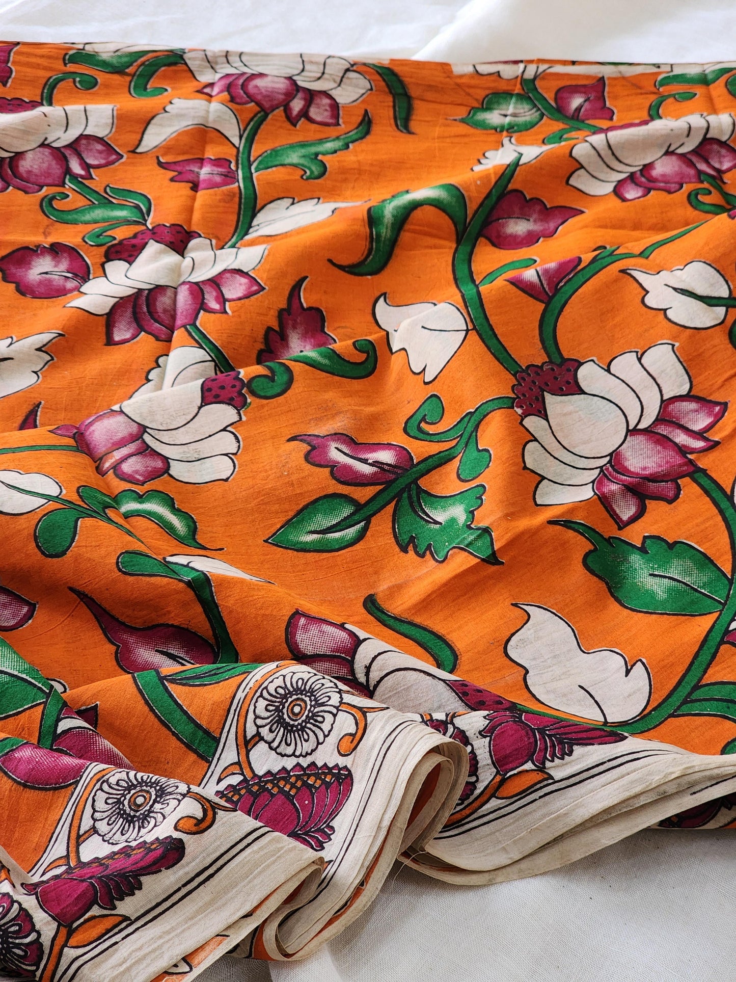Orange Kalamkari Cotton Saree