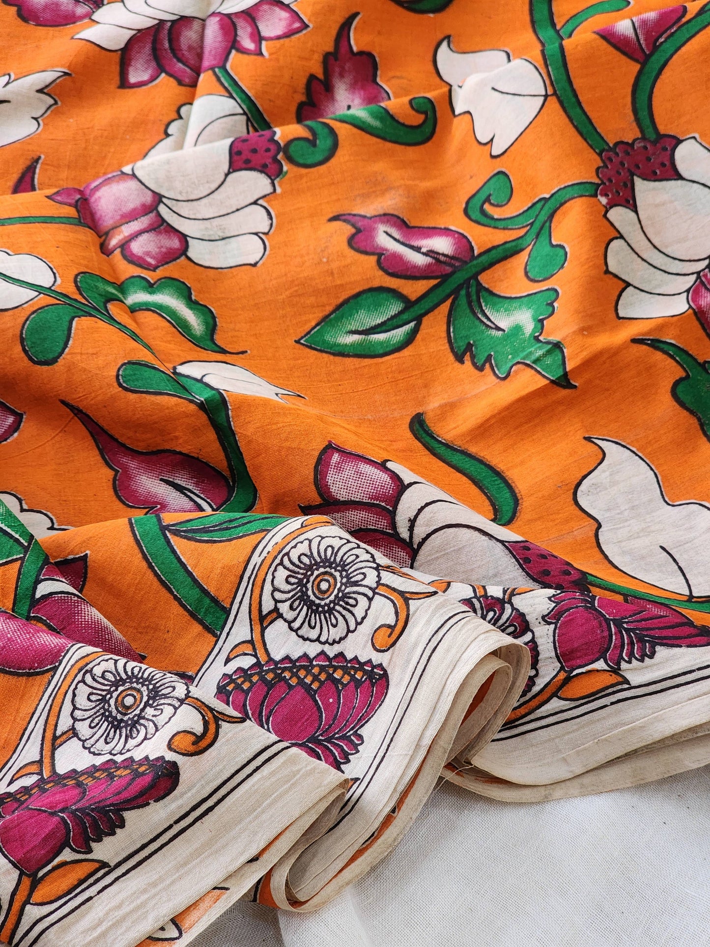 Orange Kalamkari Cotton Saree