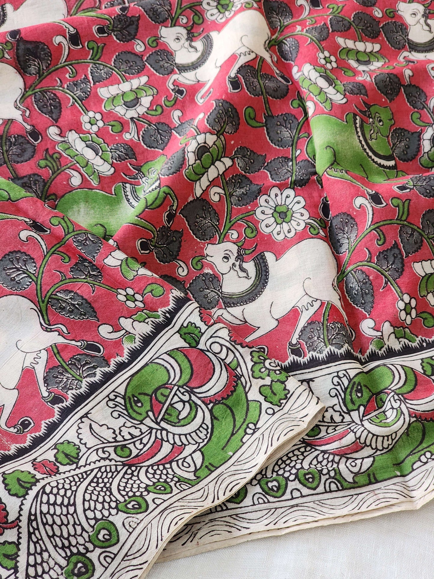 Dull red Kalamkari Cotton Saree