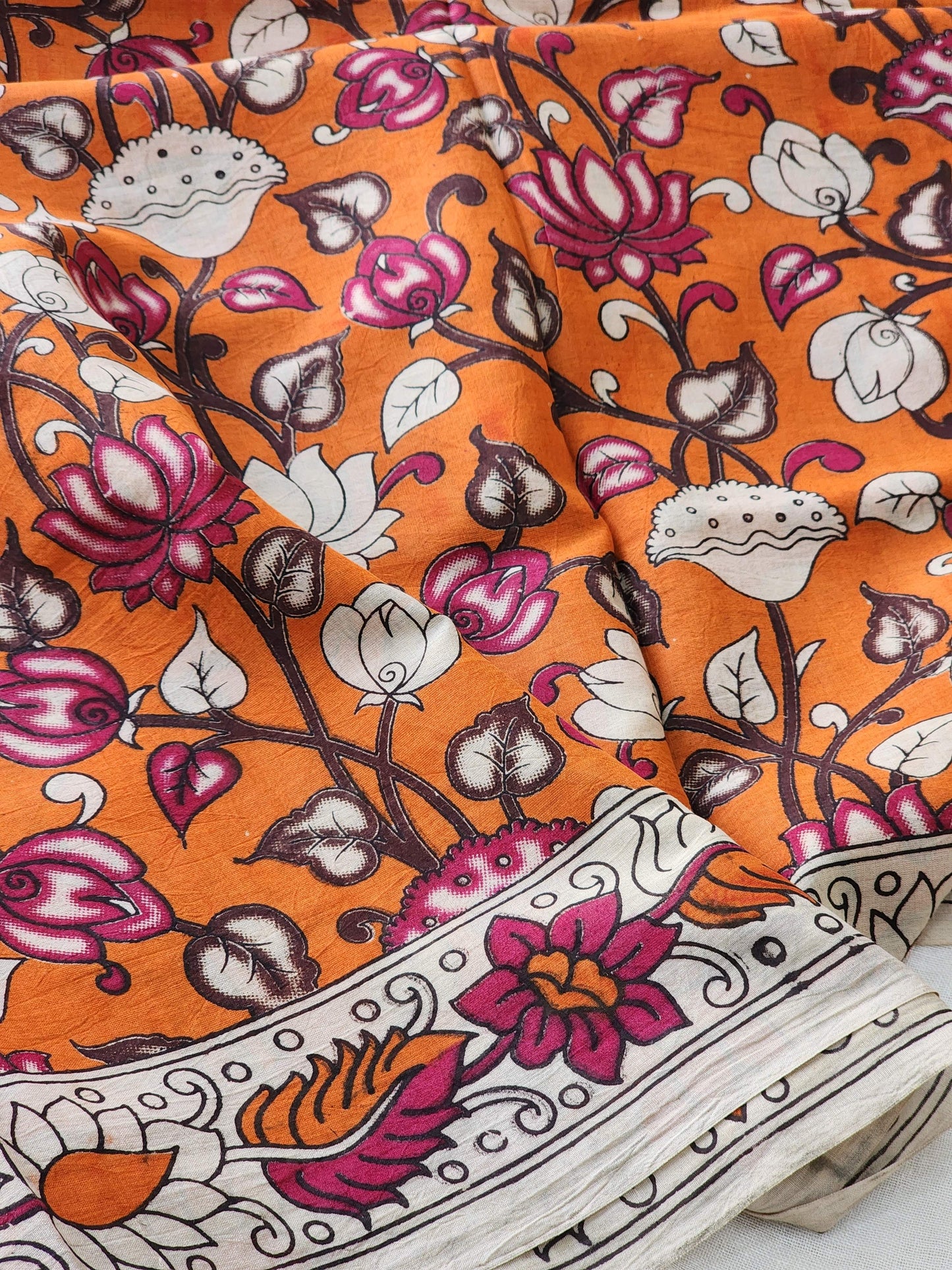 Orange Kalamkari Cotton Saree