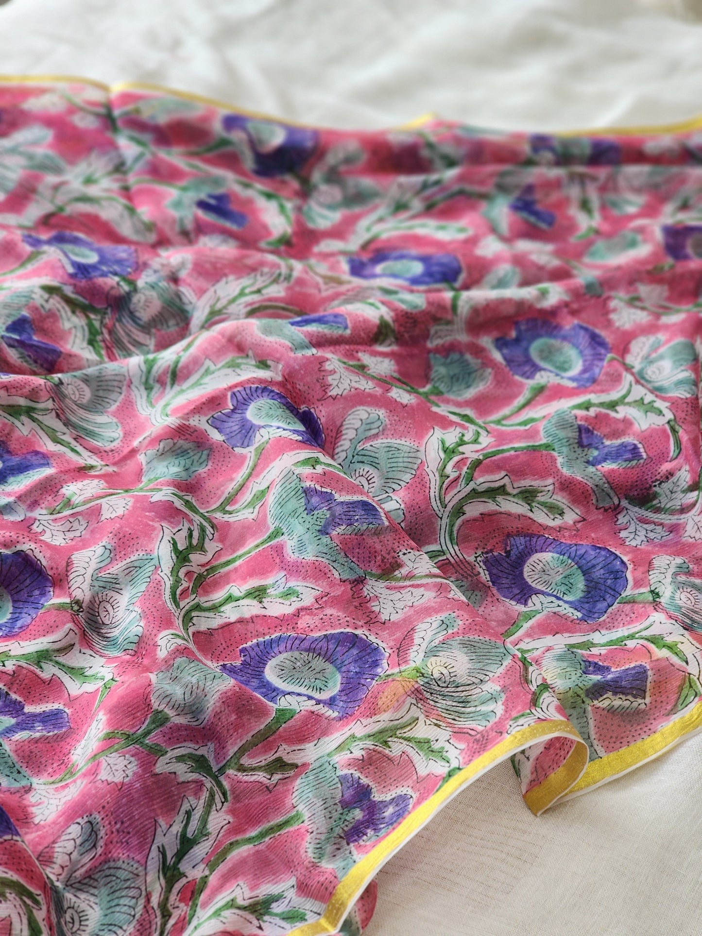 Pink Chiffon Handblock Saree