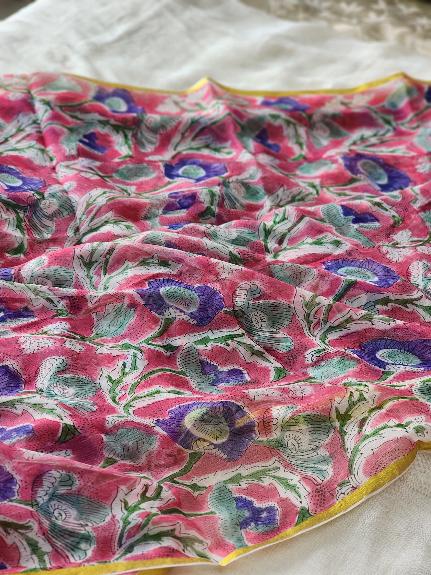Pink Chiffon Handblock Saree