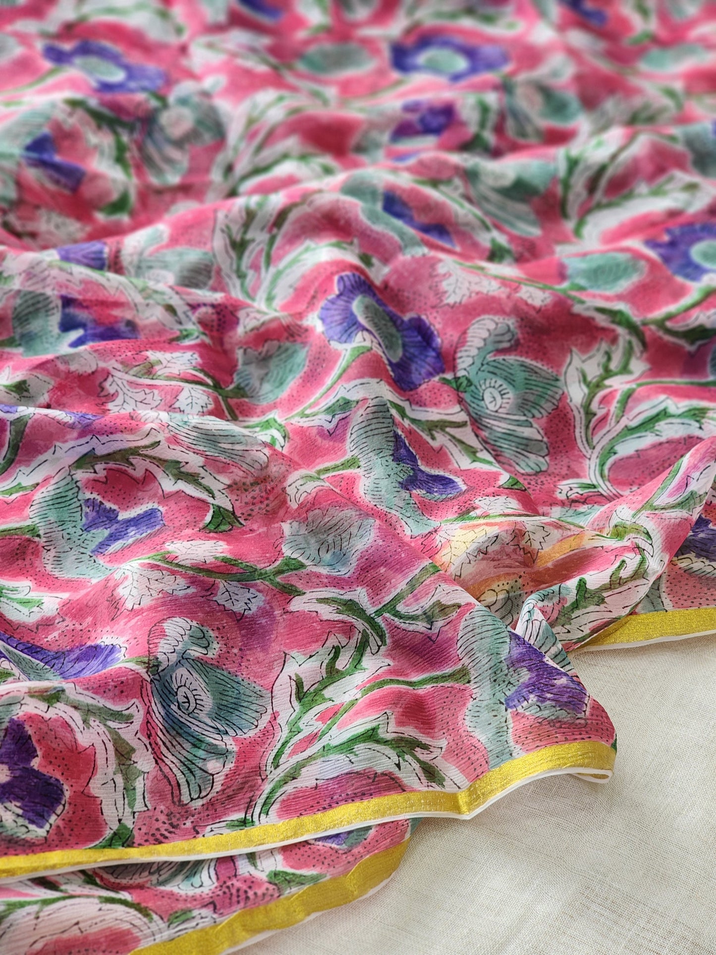 Pink Chiffon Handblock Saree