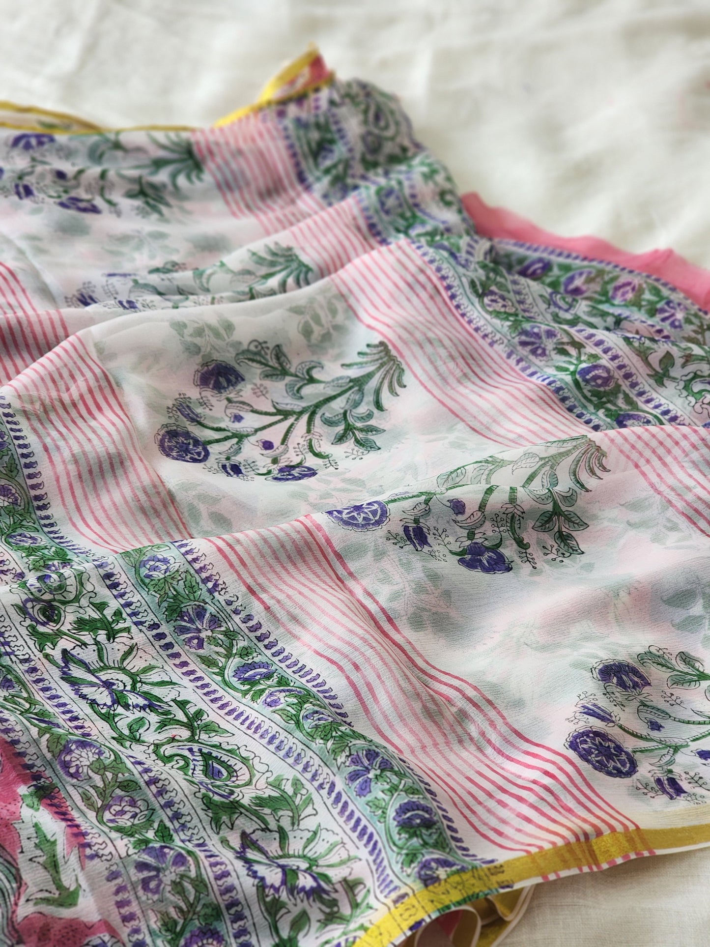Pink Chiffon Handblock Saree