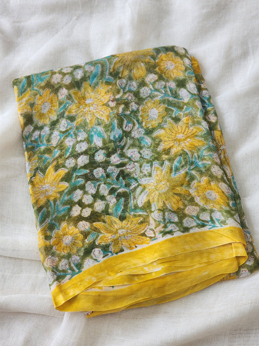 Green Chiffon Handblock Saree