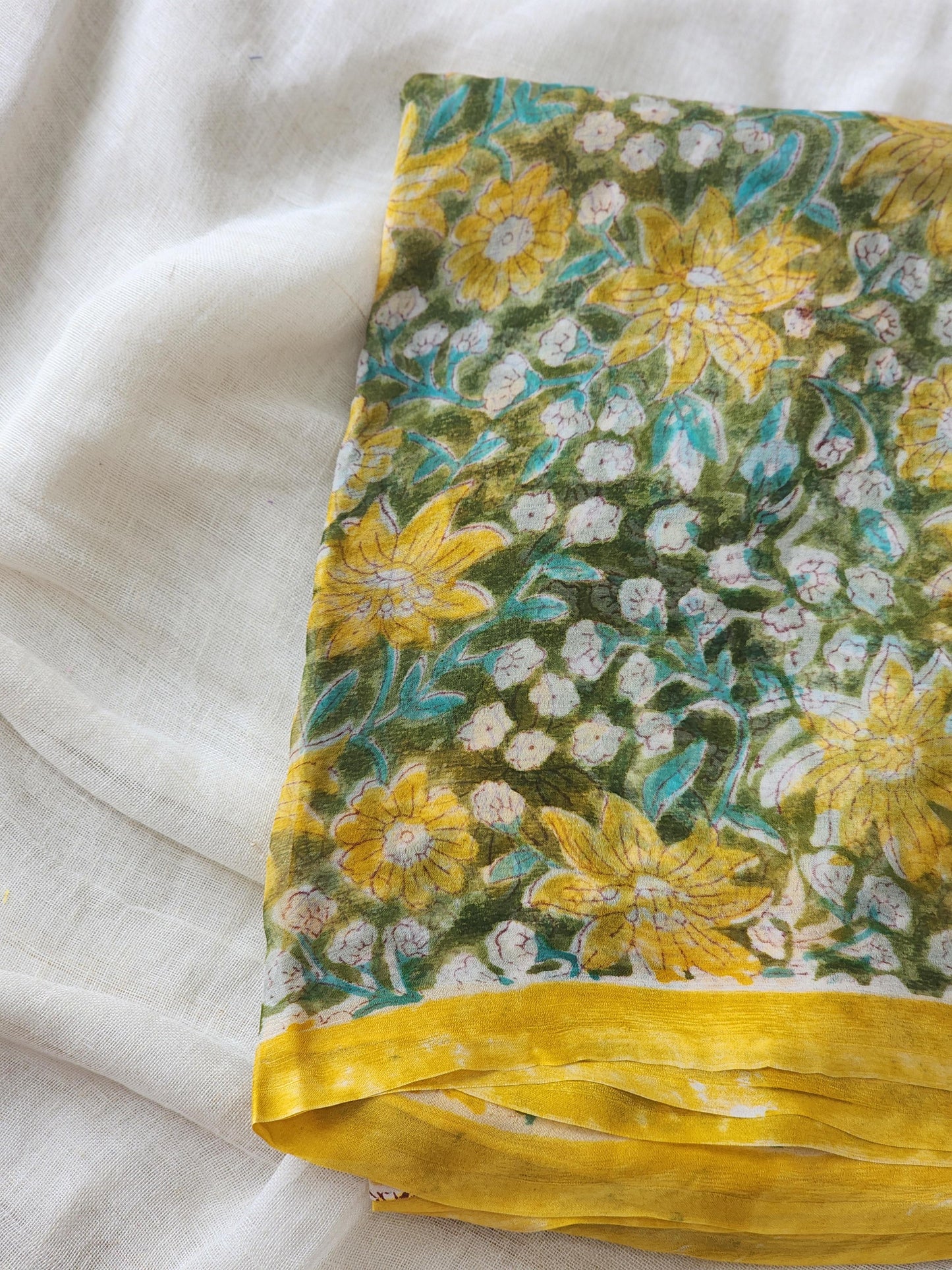 Green Chiffon Handblock Saree