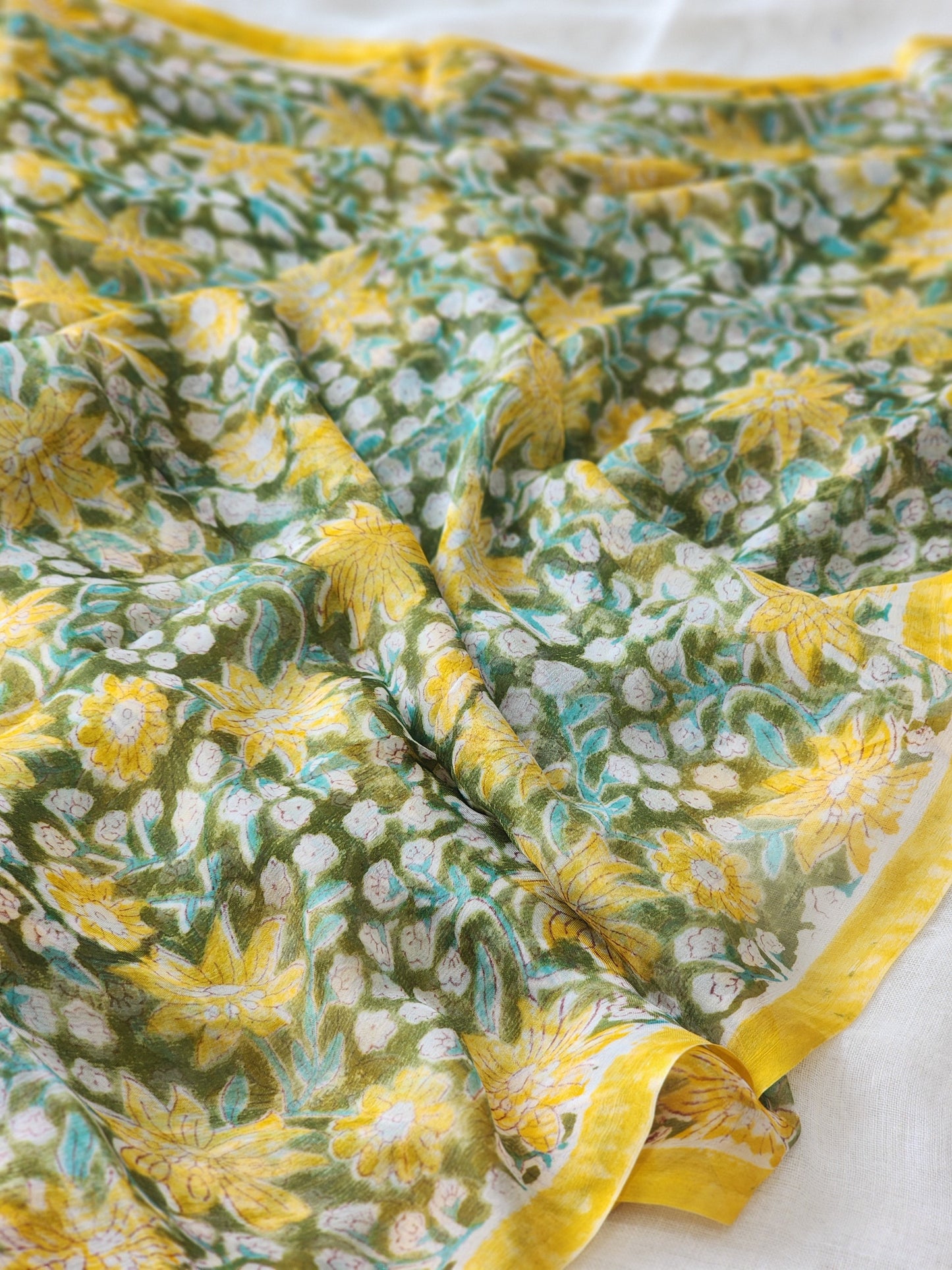 Green Chiffon Handblock Saree