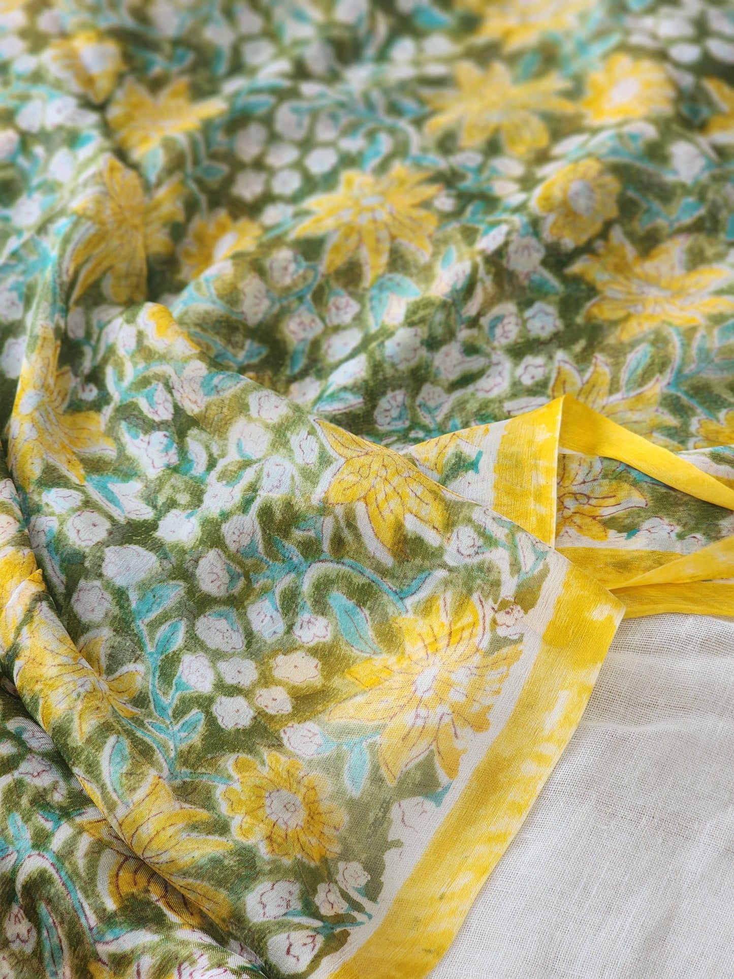 Green Chiffon Handblock Saree