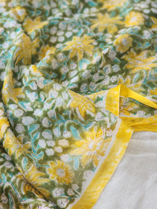 Green Chiffon Handblock Saree