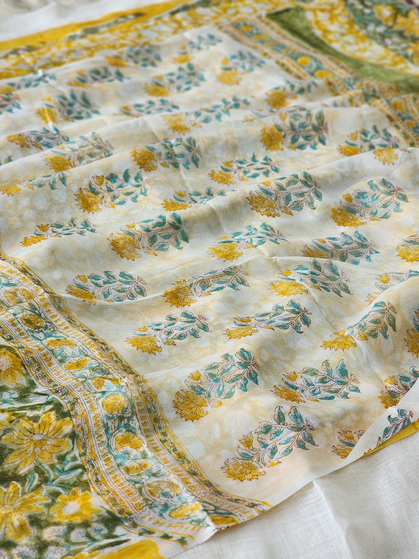 Green Chiffon Handblock Saree