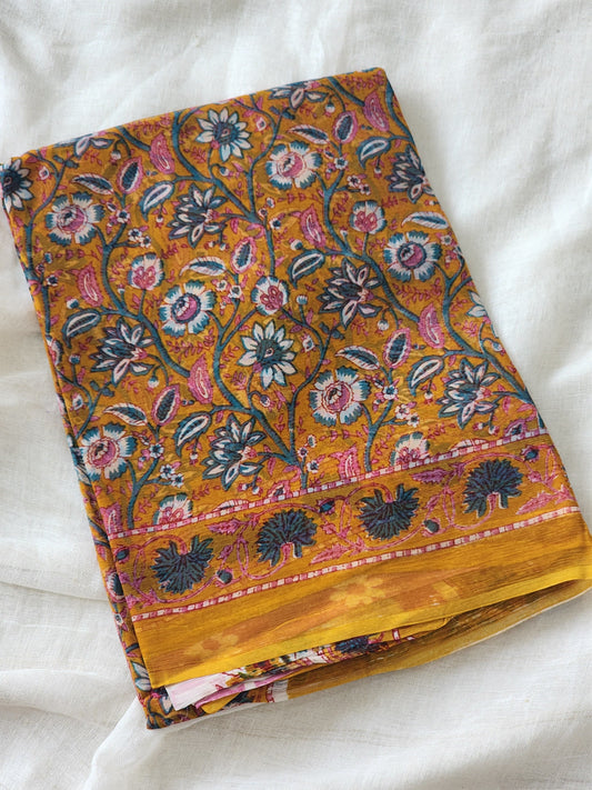 Mustard Chiffon Handblock Saree