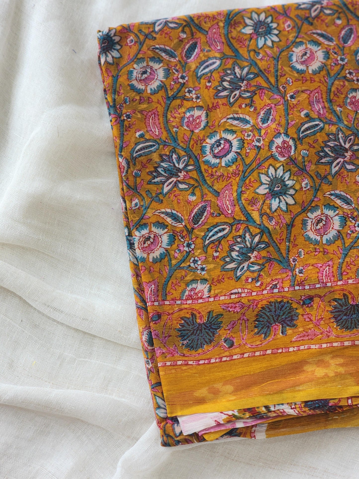 Mustard Chiffon Handblock Saree