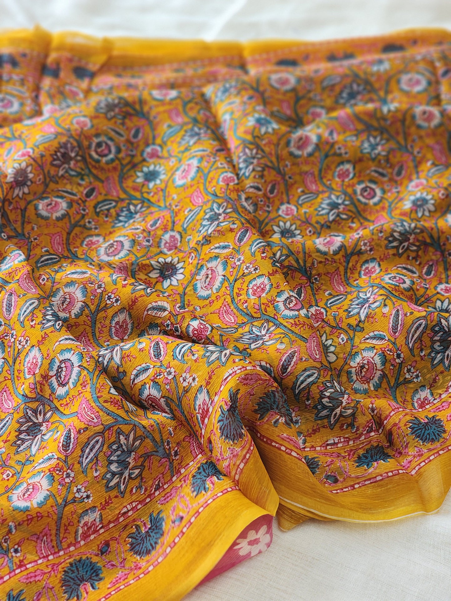 Mustard Chiffon Handblock Saree