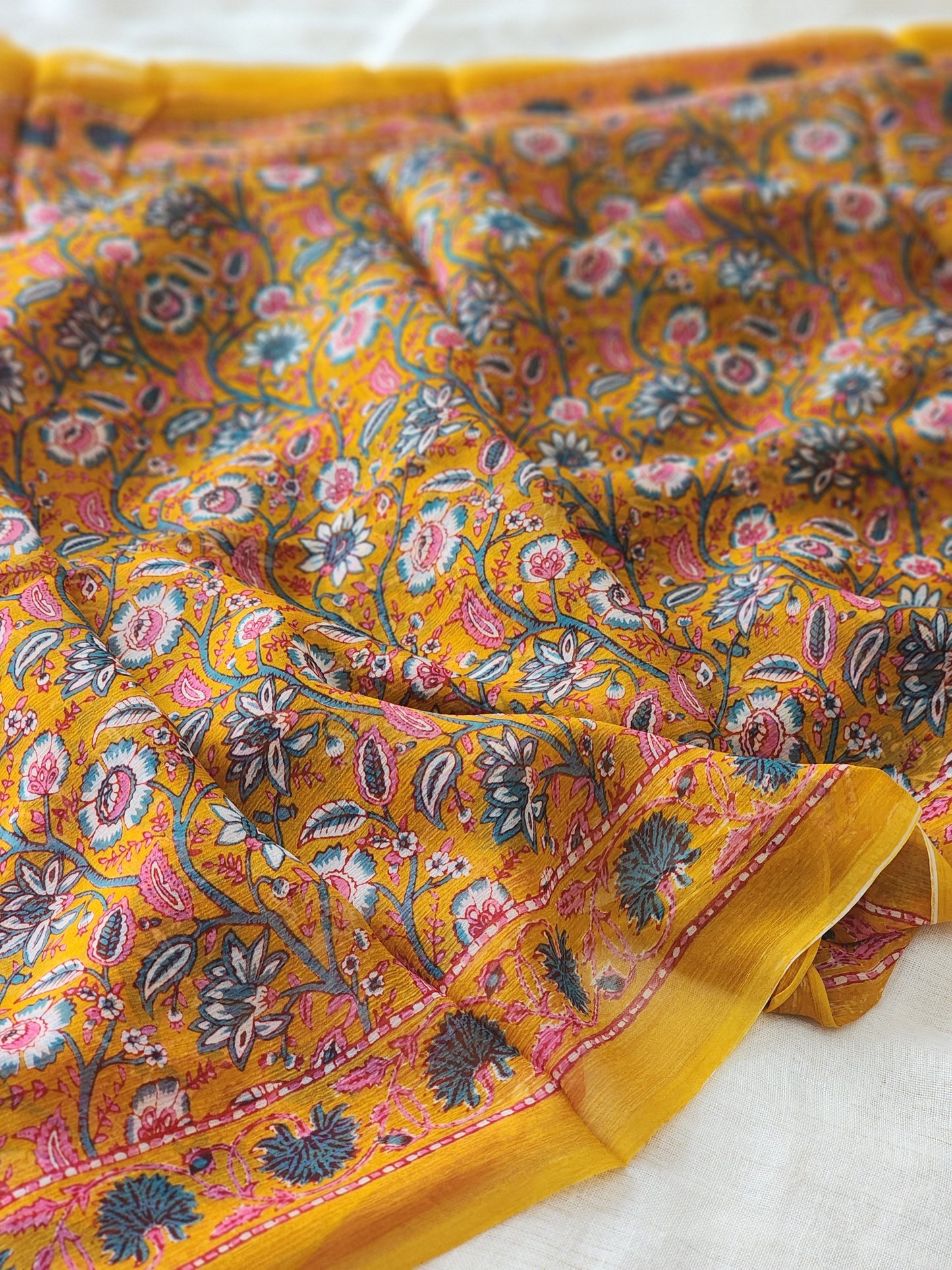 Mustard Chiffon Handblock Saree