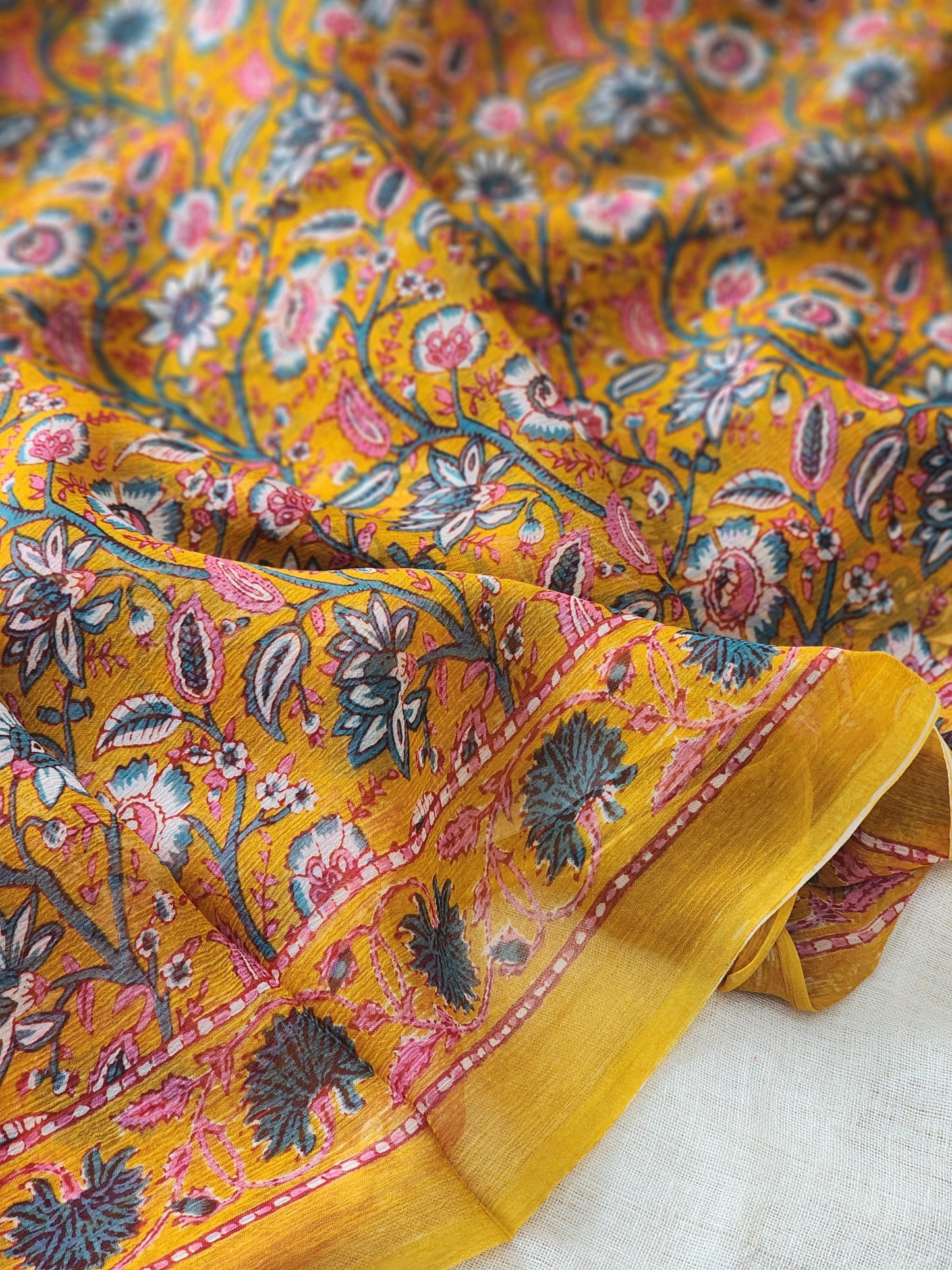 Mustard Chiffon Handblock Saree