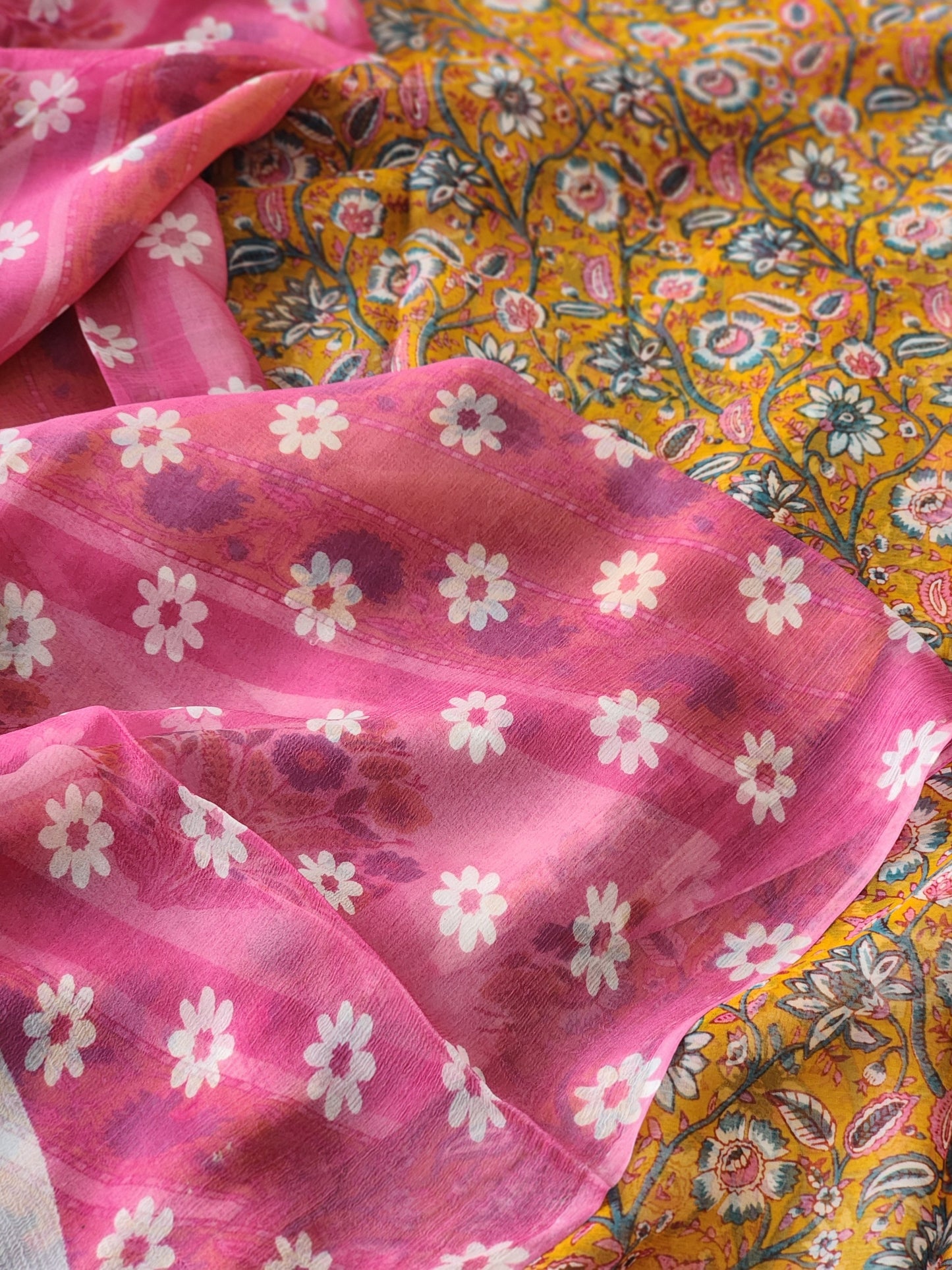 Mustard Chiffon Handblock Saree