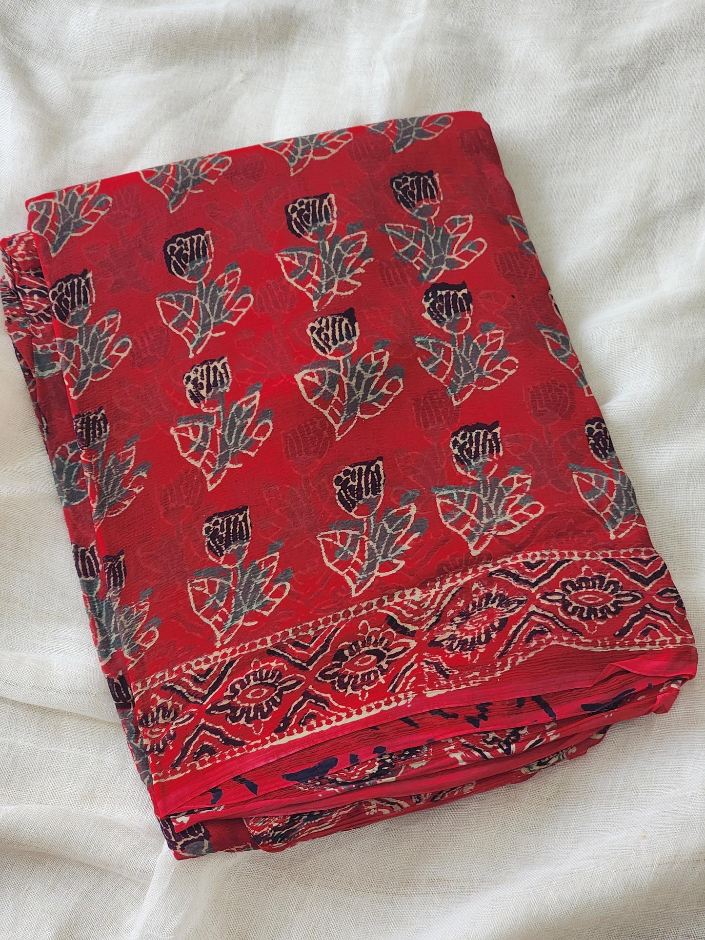Red Chiffon Handblock Saree