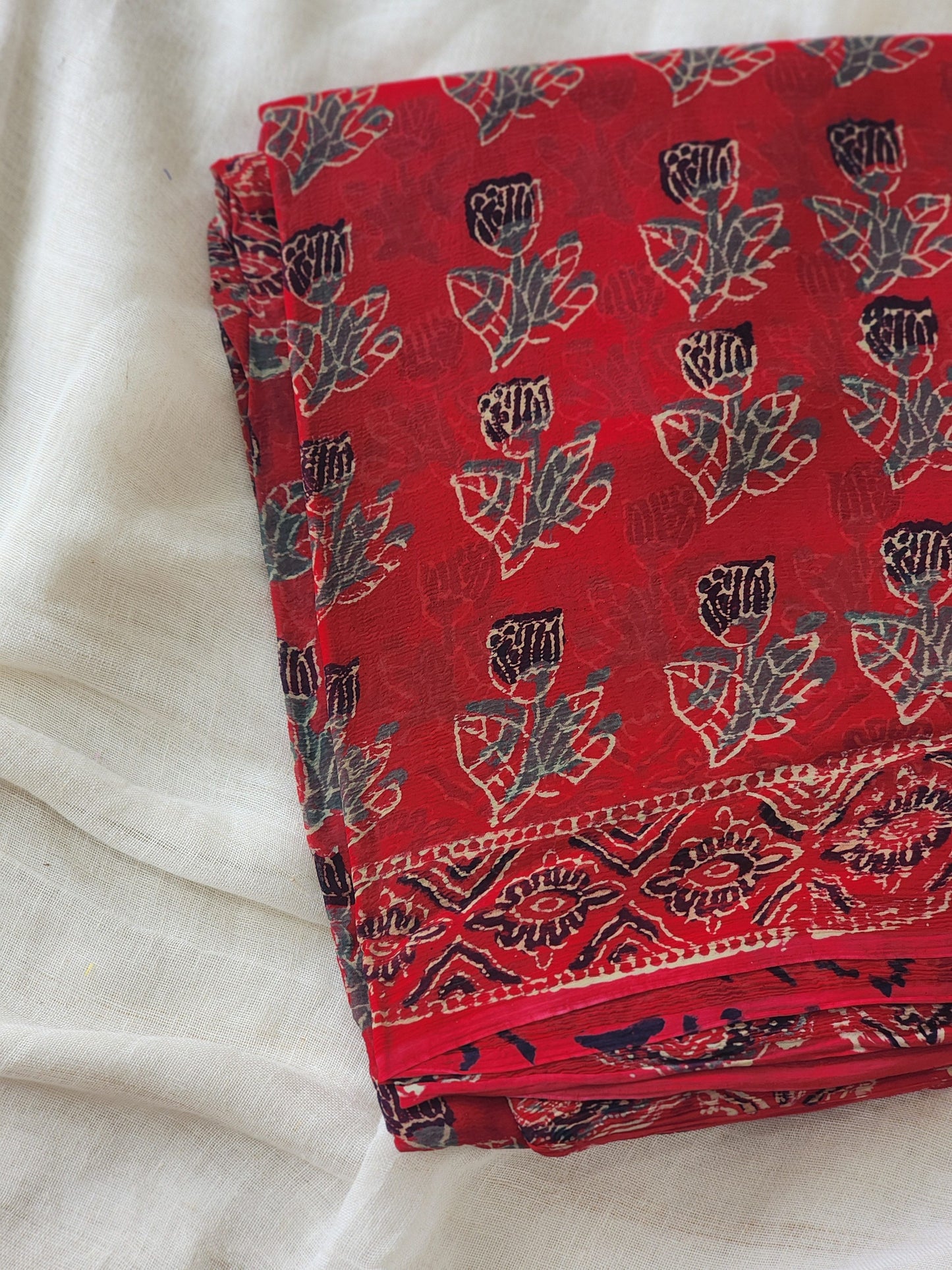 Red Chiffon Handblock Saree