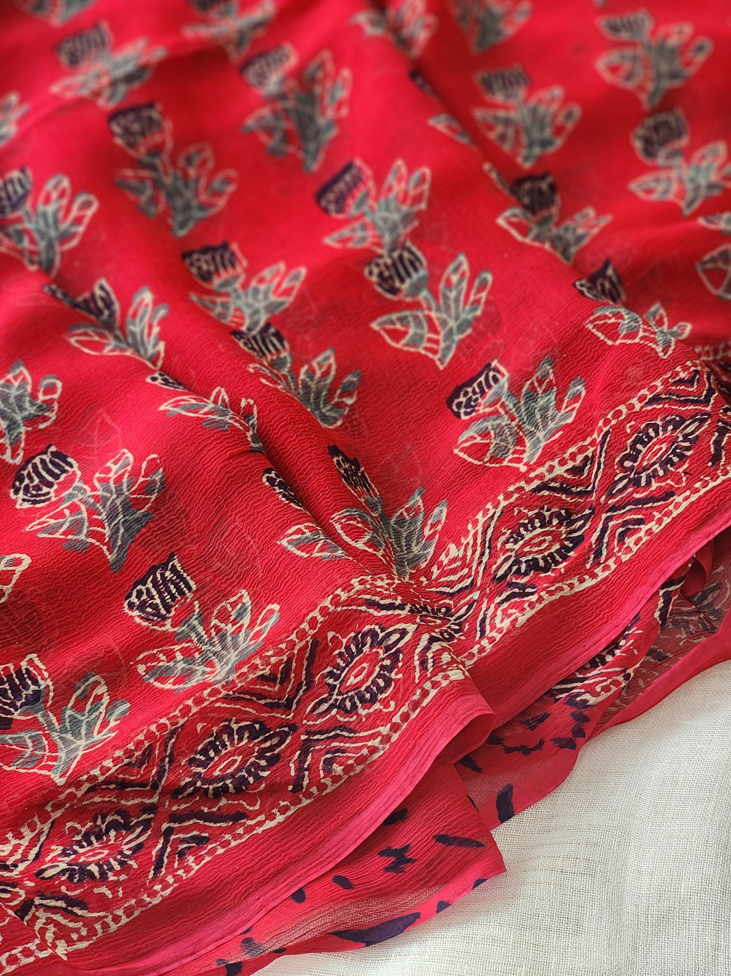 Red Chiffon Handblock Saree