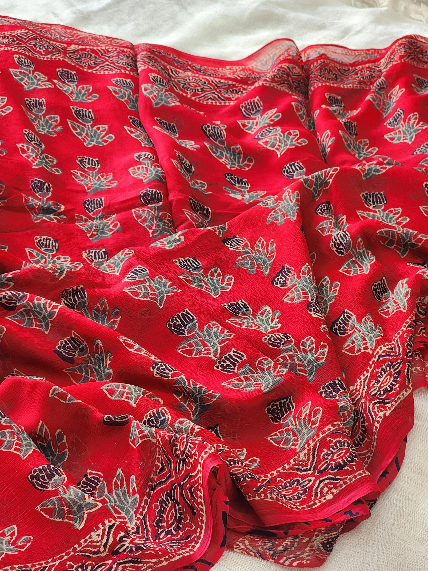 Red Chiffon Handblock Saree