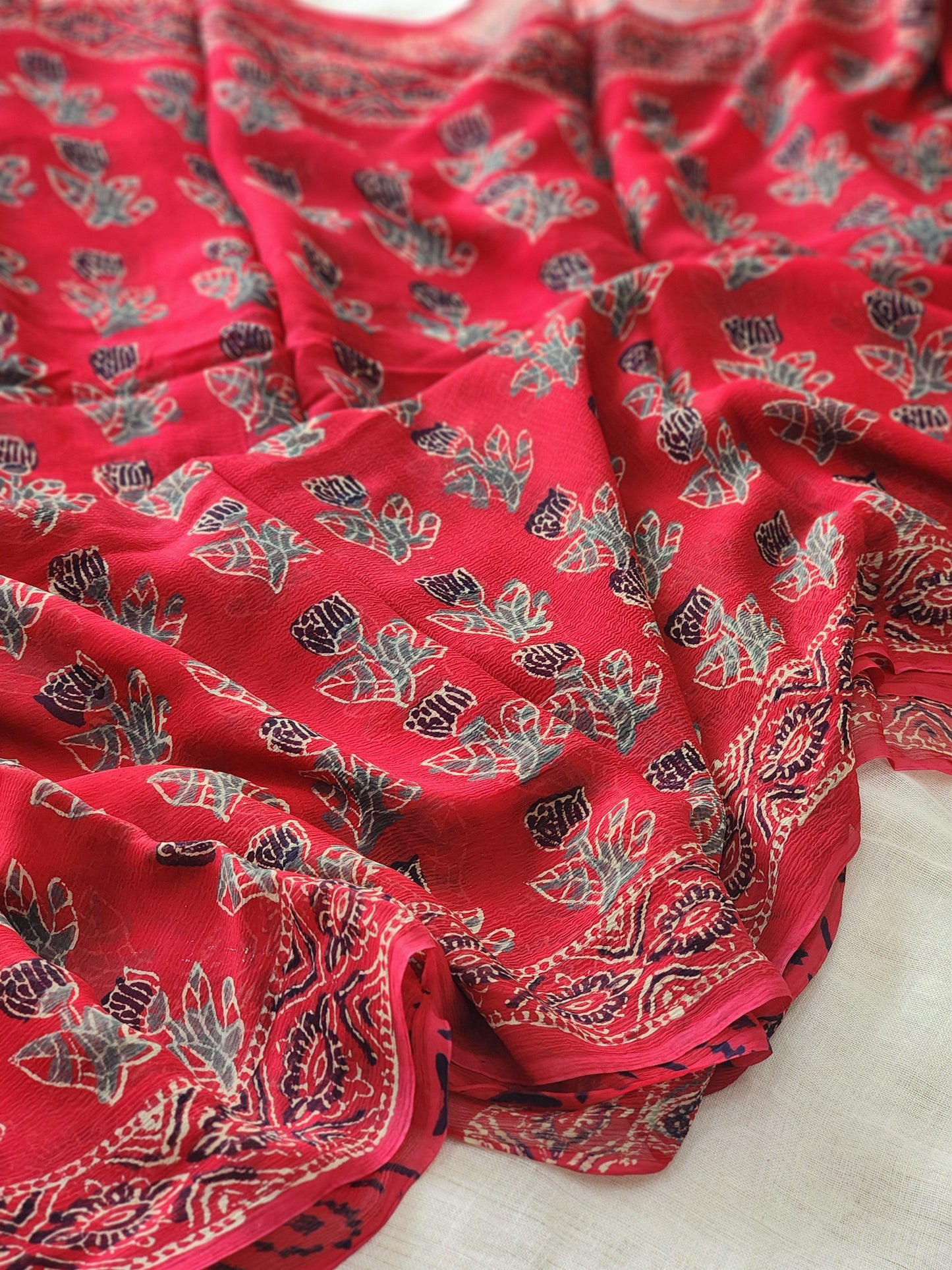 Red Chiffon Handblock Saree