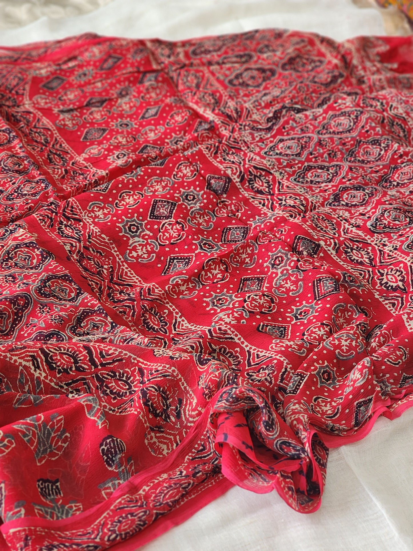 Red Chiffon Handblock Saree