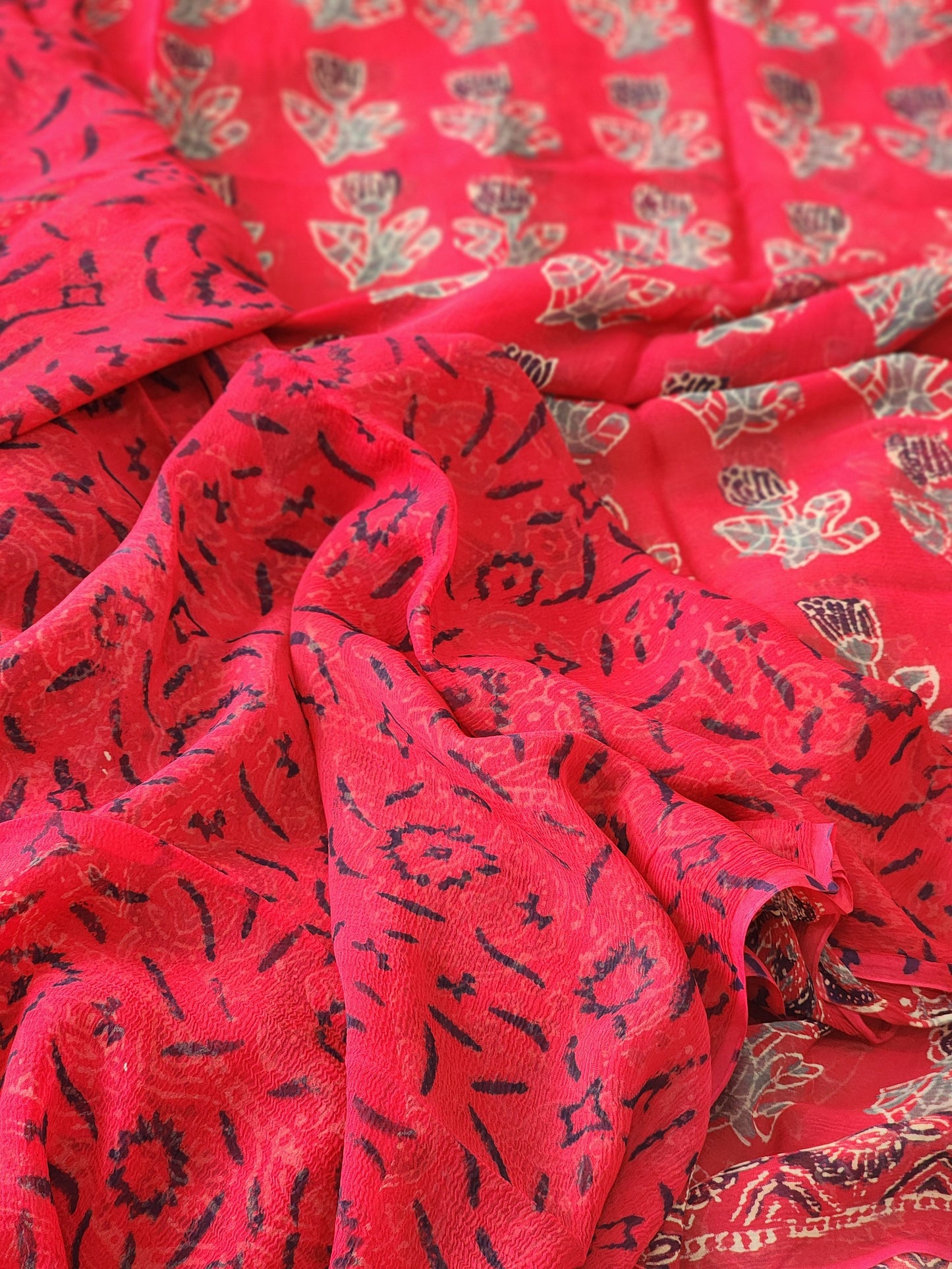 Red Chiffon Handblock Saree