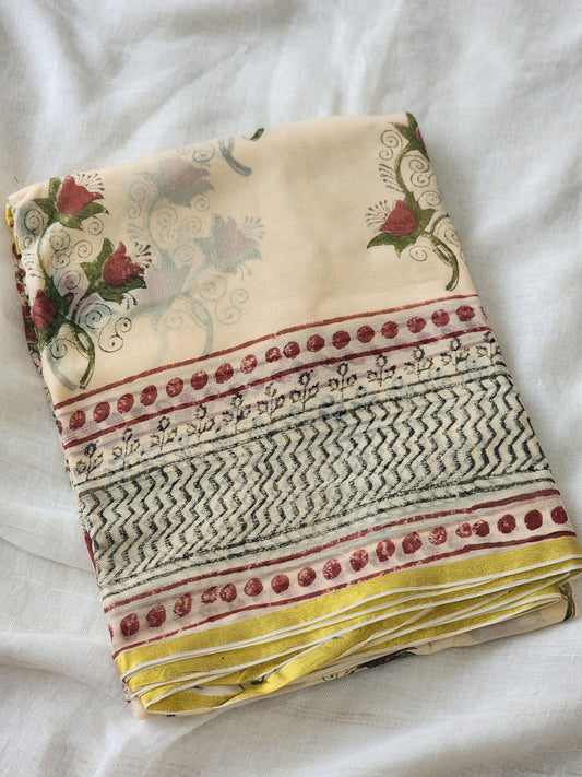 Beige Chiffon Handblock Saree