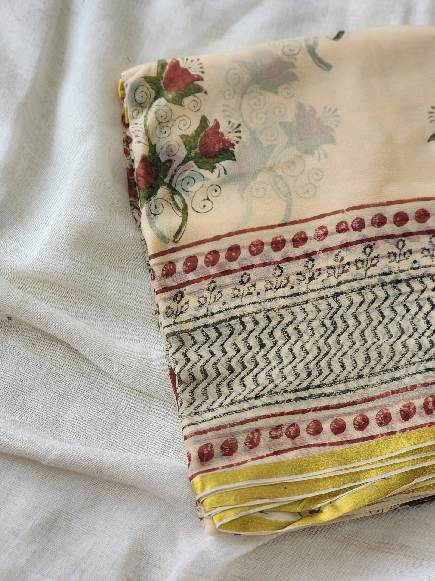 Beige Chiffon Handblock Saree